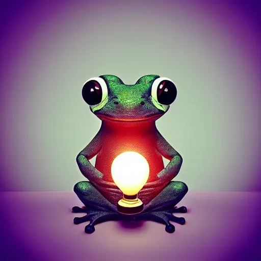 Image similar to “ frog wearing top hat sitting in front of a lamp, realistic, whimsical, volumetric lighting, 3 d ”