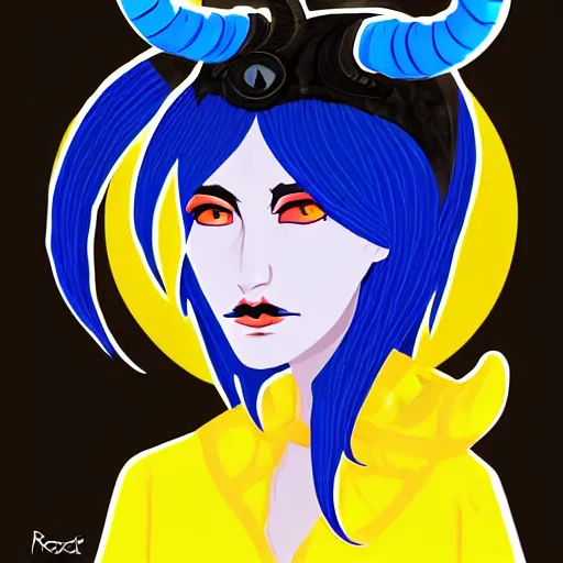 Image similar to illustrated portrait of ram-horned devil woman with blue bob hairstyle and hex #FFA500 colored skin and with solid black eyes wearing leather by rossdraws