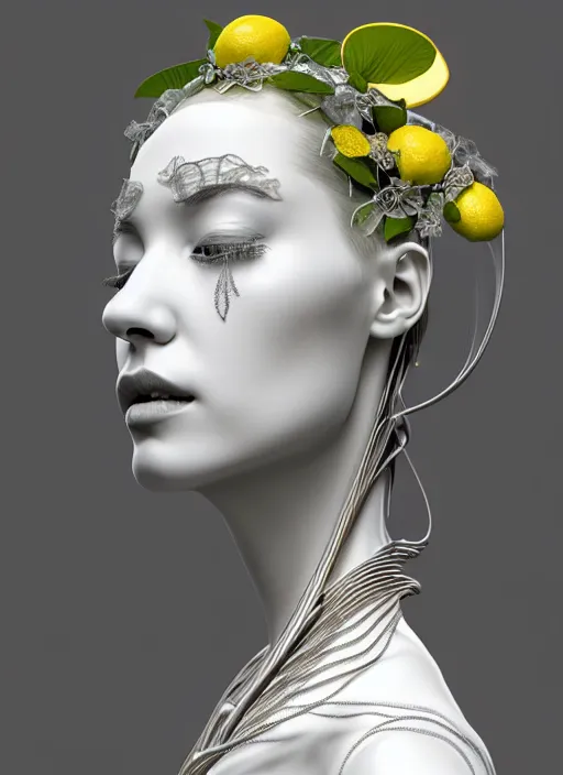 Image similar to complex 3d render ultra detailed of a beautiful porcelain profile young woman face, biomechanical cyborg, 150 mm lens, beautiful studio soft light, rim light, silver lemon details, magnolia big lemon and stems, roots, fine foliage lace, mesh wire, Alexander Mcqueen high fashion haute couture, art nouveau fashion embroidered, steampunk, intricate details, hyper realistic, ultra detailed, mandelbrot fractal, anatomical, facial muscles, cable wires, microchip, elegant, octane render, H.R. Giger style, volumetric lighting, 8k post-production