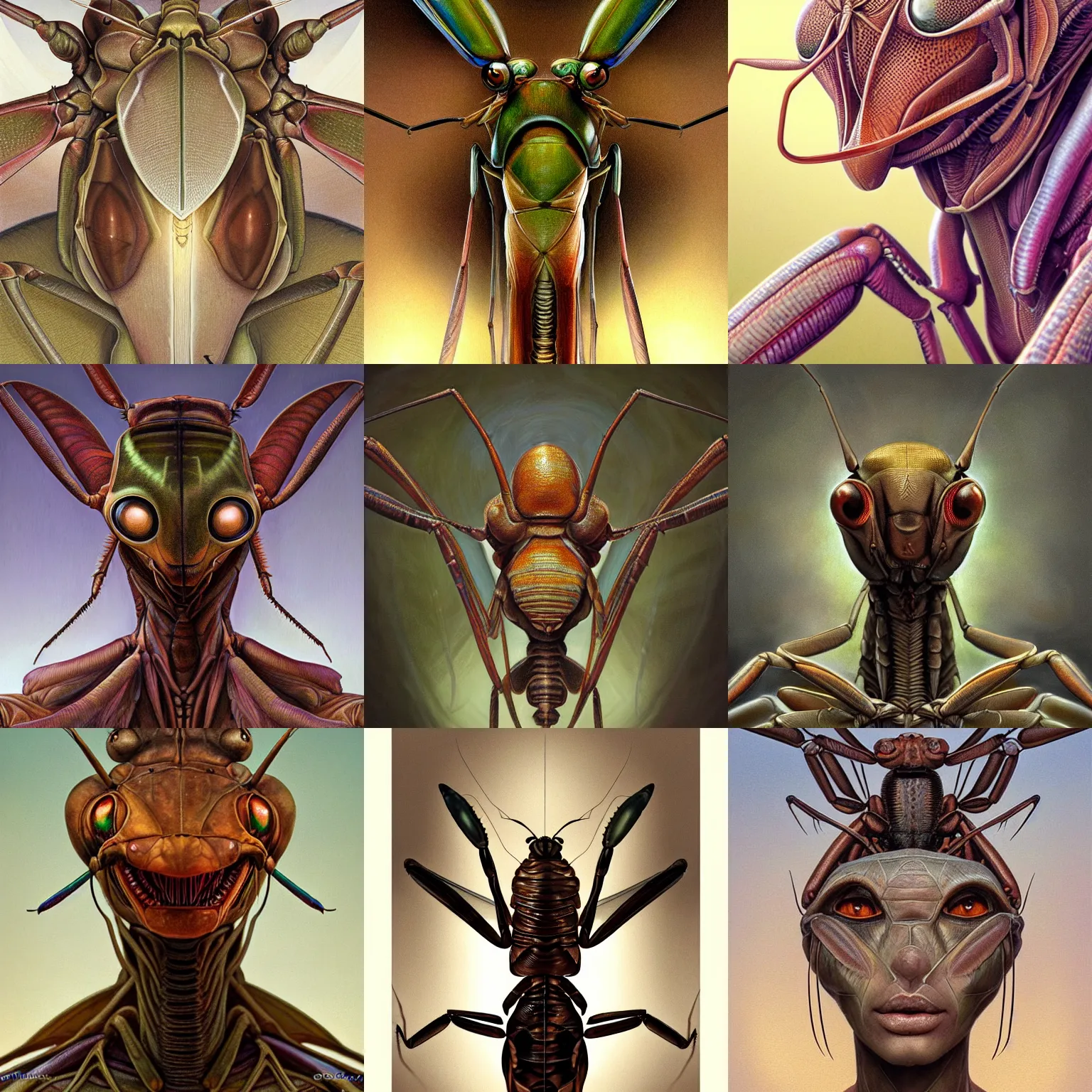 Prompt: portrait of an insectoid, praying mantis, brown exoskeleton, mantid features, flat triangle - shaped head with thin thread - like antennae, compound eyes, concept art, deep focus, fantasy, intricate, highly detailed, digital painting, artstation, matte, sharp focus, illustration, art by artgerm and greg rutkowski and alphonse mucha
