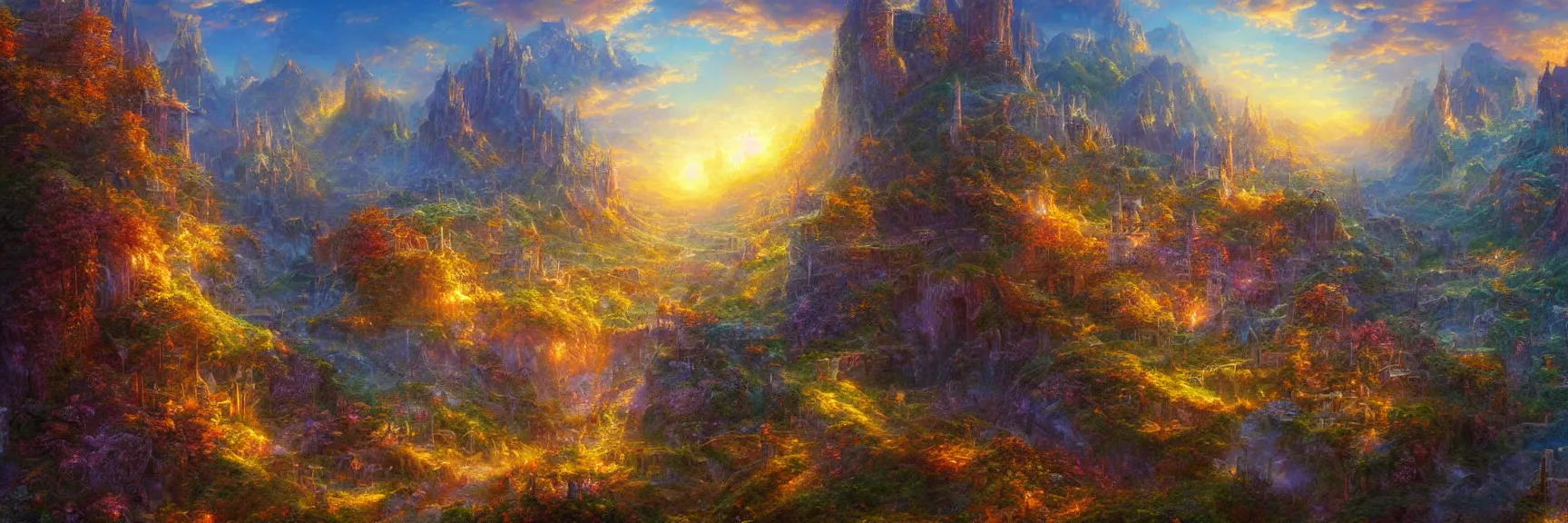 Prompt: a beautiful fantasy landscape painting of a magical panorama gilbert williams visionary art by john avon and marc simonetti and Mark Keathley, trending on artstation hq 8k