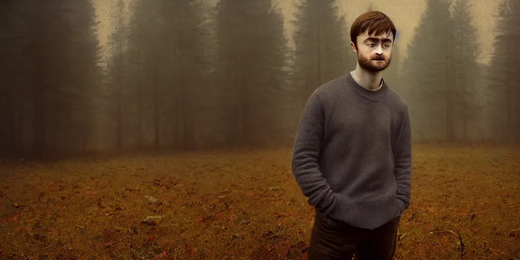Prompt: portrait bust of daniel radcliffe, solemn expression, faded color film, russian cinema, tarkovsky, kodachrome, old cabin, next to window, heavy forest outside, long brown hair, old clothing, heavy fog, blue hour, hudson river school, 4 k, dramatic lighting, greg rutkowski