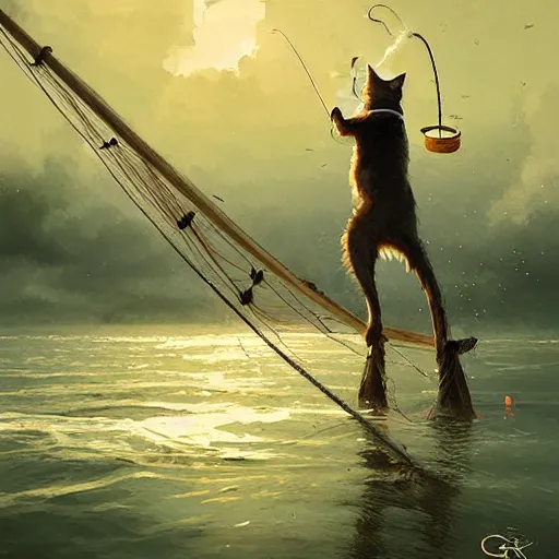 Prompt: fisherman cat, cat fishing from boat, digital art by Greg rutkowski