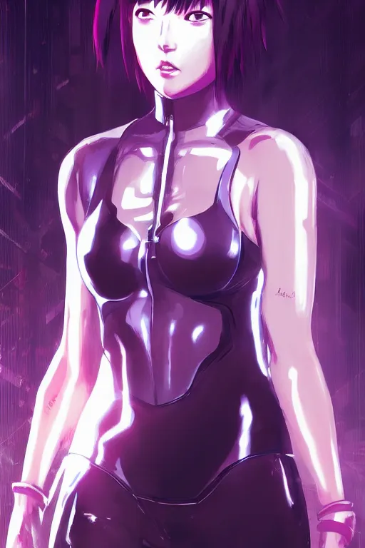 Image similar to a still fullbody portrait of motoko kusanagi ghost in the shell, finely detailed features, closeup at the faces, perfect art, at a cyberpunk city, gapmoe yandere grimdark, trending on pixiv fanbox, by ilya kuvshinov, rossdraws, artgerm