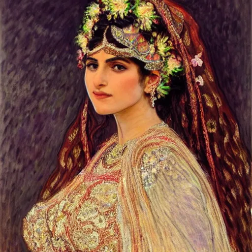 Prompt: full body portrait of a beautiful Kurdish bride wearing a beautiful wedding dress, very detailed eyes, hyperrealistic, beautiful and symmetrical face, very detailed painting by Claude Monet and Alphonse Mucha, ornate, trending on artstation, extremely high detail, incredibly intricate, claude monet