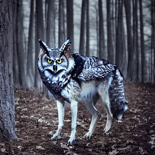 Image similar to mixture between an! owl and wolf, photograph captured in a dark forest