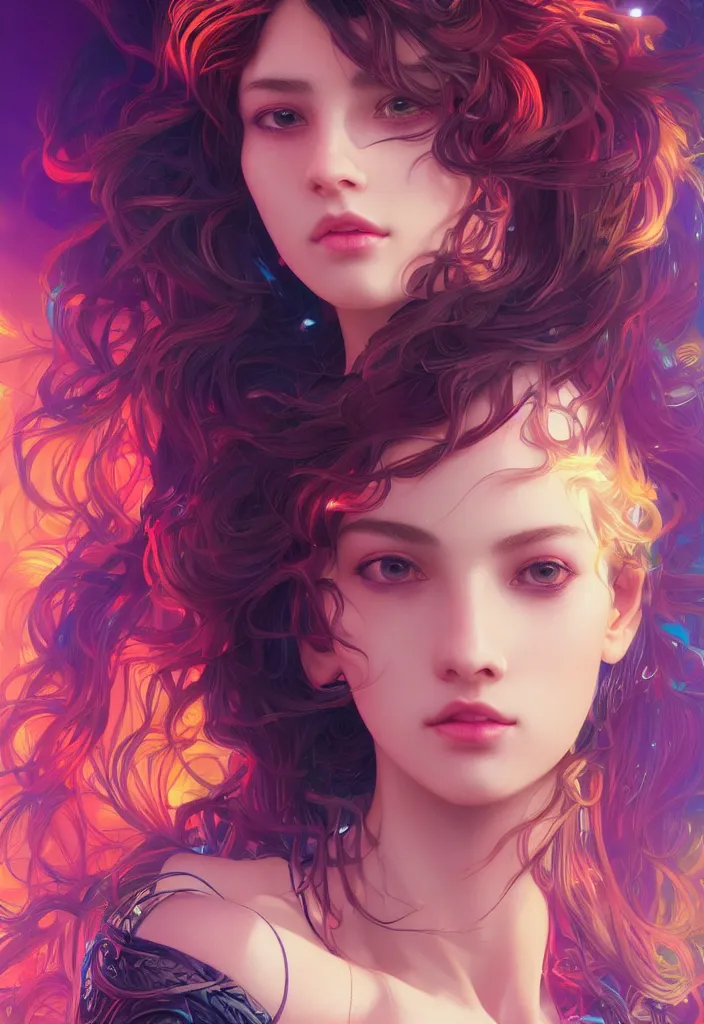 Image similar to beautiful, young woman, detailed gorgeous face, vaporwave aesthetic, synthwave, colorful, psychedelic, artstation, concept art, smooth, extremely sharp detail, finely tuned detail, ultra high definition, 8 k, unreal engine 5, ultra sharp focus, illustration, art by artgerm and greg rutkowski and alphonse mucha