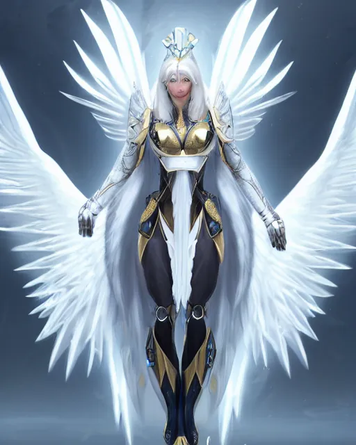 Image similar to perfect white haired egyptian goddess with huge white dove wings, warframe armor, attractive, beautiful, symmetric, dreamy, half asian, pretty face, blue eyes, detailed, scifi platform, laboratory, experiment, 4 k, ultra realistic, epic lighting, android body, illuminated, cinematic, masterpiece, art by akihito tsukushi, voidstar