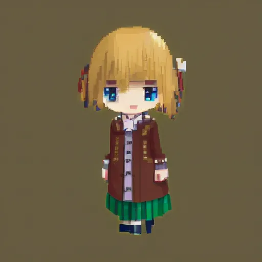 Image similar to pixel art drawing, isometric view, 3 2 - bit, from touhou, a chibi girl, brown jacket with long sleeves, pigtails hair, green eyes, grey background, volumetric lighting, fantasy, 4 k, intricate, hyper realistic, by greg rutkowski, blizzard warcraft, backlit