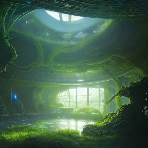 Prompt: , teenager in sci - fi forest green house, spaceship,, stephen bliss, misty, unreal engine, pixar, fantasy art by greg rutkowski, loish, ferdinand knab, and lois van rossdraws, global illumination, radiant light, minimalist, detailed and intricate environment