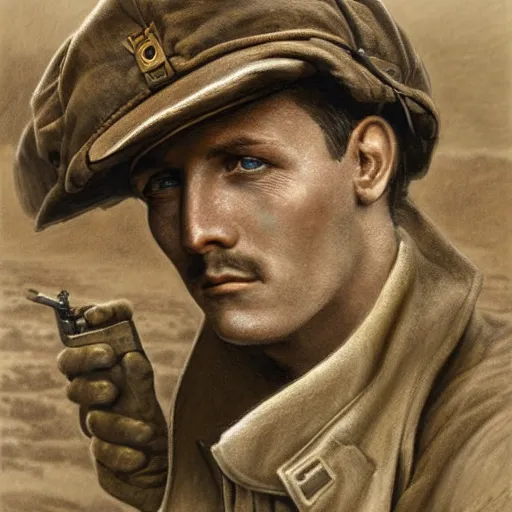 Image similar to a detailed photorealistic sepia - toned color portrait painting of a 1 9 1 7 worried clean - shaven british lieutenant in detailed field gear wearing a finely - detailed pith helmet in wadi rum, ultra realistic, intricate details, lovecraft, atmospheric, dark, horror, brooding, highly detailed, by clyde caldwell