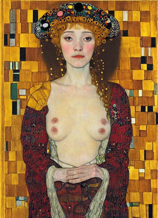 Prompt: portrait of young woman in renaissance dress and renaissance headdress, art by gustav klimt