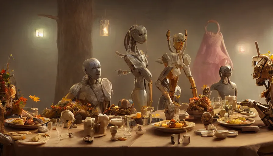 Image similar to a table dinner of humanoid robots where robots are dressed like the characters from the midsommar movie, realistic detailed digital art by maxwell boas jessica rossier christian dimitrov anton fadeev trending on artstation cgsociety rendered in unreal engine 4 k hq