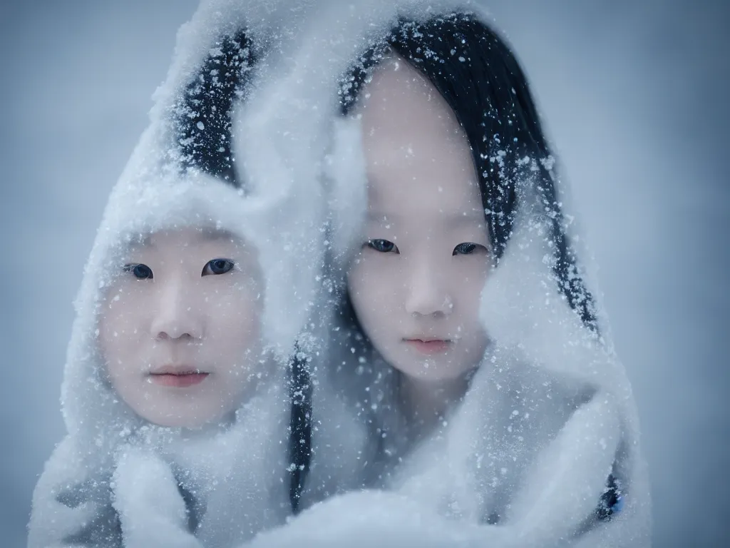 Image similar to the piercing stare of yuki onna, snowstorm, blizzard, mountain snow, canon eos r 6, bokeh, outline glow, asymmetric unnatural beauty, gentle smile, billowing cape, blue skin, centered, rule of thirds