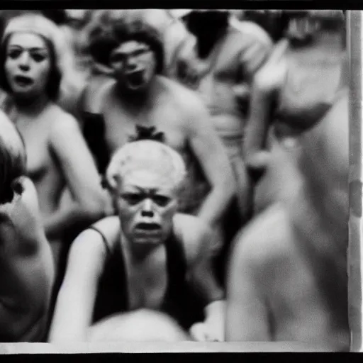 Image similar to high quality high detail photograph by diane arbus, hd, odd people in a frenzy, aggression, disfiguration, intense psychological triller, photorealistic lighting