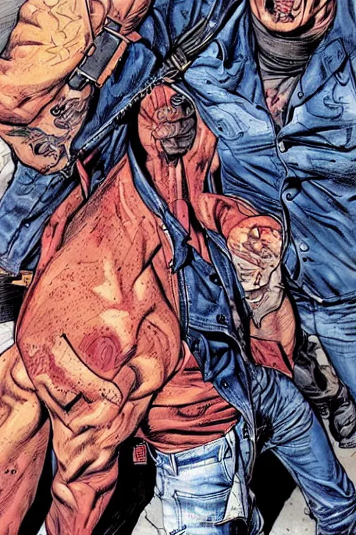 Prompt: ultra violent comic book cover of a contract killer named cobalt. he wear a denim jacket over a bloody white shirt. he has a scar up the side of his face. art by glenn fabry.