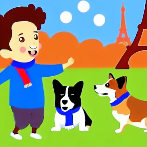 Image similar to illustration of french boy in paris playing football against a corgi who is wearing a polka dot scarf