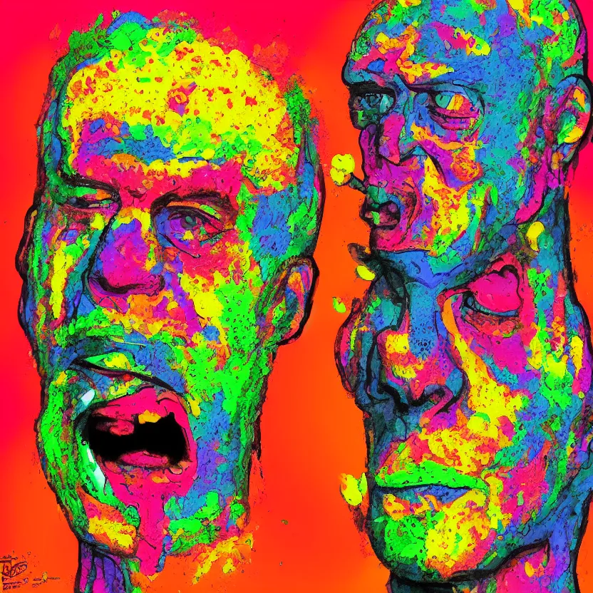 Image similar to man with a tab of acid on his tounge, digital art by mad dog jones