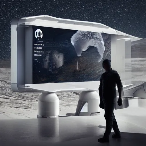 Image similar to sci-fi airport on moon with medium size man walking and digital billboard in the middle oily gloss reflection with organic forms in liquid and oil on the coronation of napoleon painting, with black background. unreal engine 5, keyshot, octane, artstation trending, by Zaha Hadid architects, by Matrix film color, high contrast pinterest black plastic, dark atmosphere pinterest tilt shift, 4k, 8k, 16k.
