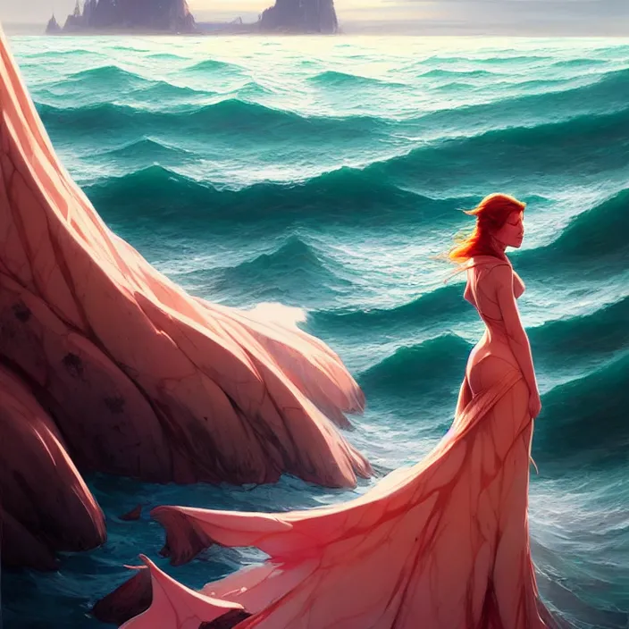 Image similar to style artgerm, joshua middleton, jeremy lipking, a castle of coral, very long spires, water swirling, detailed, ocean background setting, volumetric lighting