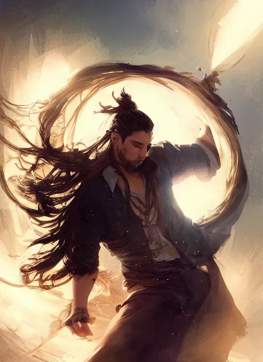 Image similar to side profile of a man with long black hair in brown rags holding a magical orb, fantasy, intricate, sharp focus, lens flare, bloom, illustration, highly detailed, digital painting, concept art, matte, art by ruan jia and wlop and greg rutkowski, masterpiece