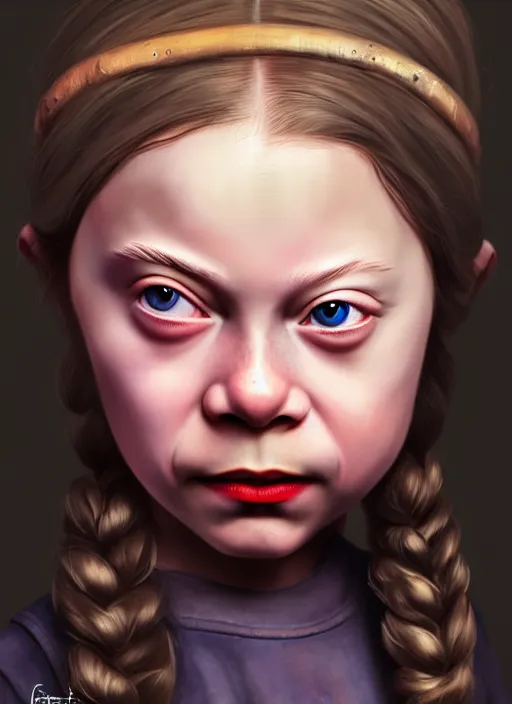 Prompt: portrait of greta thunberg as a cute medieval goblin girl with lipstick and long eyelashes, beautiful face, hyper realistic, highly detailed, digital painting, artstation, illustration, concept art by hyung tae and frank frazetta, digital paint, matte paint, washed colors, dark, gloomy