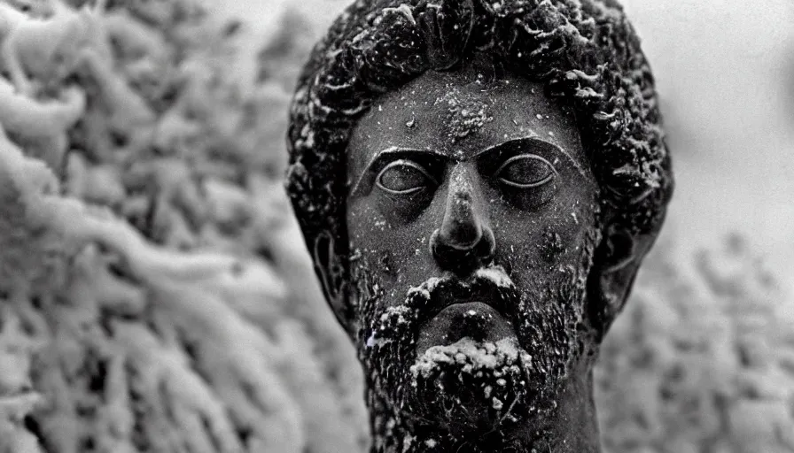 Prompt: 1 9 6 0 s movie still close up of marcus aurelius flesh face in his emperor clothes frozen to death by the side of a river, grass, snowy, pine forests, cinestill 8 0 0 t 3 5 mm b & w, high quality, heavy grain, high detail, texture, dramatic light, anamorphic, hyperrealistic, detailed hair, foggy