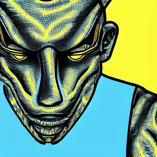 Image similar to human man that resembles a wasp morh in surreal sketch style, blue and yellow gradient, noise, ultrafine detail, hd 8k, logo illustration