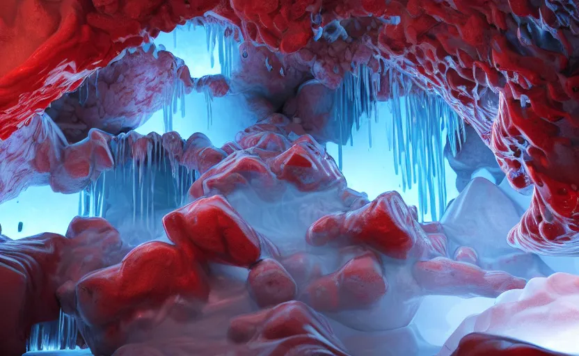 Image similar to liquid nitrogen and red water-cooling coolant flowing through latent representations of ice caverns by centrifugal forces, gaming pc RGB components sticking out the walls!!!!, high detail, high contrast!, low-poly elements!!!, trending on artstation, octane render, subsurface scattering, 4k