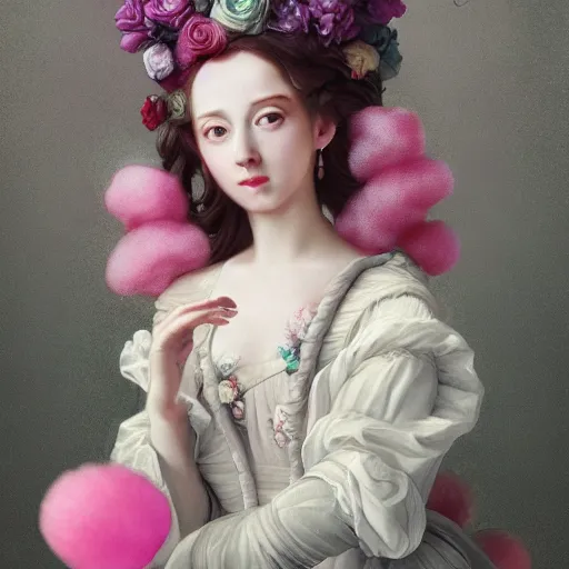 Image similar to 8 k, octane render, realism, tonalism, renaissance, rococo, baroque, portrait of a young - lady wearing long manga dress with flowers and skulls, cotton candy!! ( background chaotic flowers )