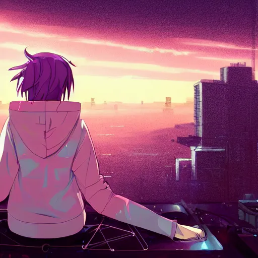 Prompt: android mechanical cyborg anime girl child overlooking overcrowded urban dystopia sitting. Pastel pink clouds baby blue sky. Gigantic future city. Raining. Makoto Shinkai. Wide angle. Distant shot. Purple sunset. Sunset ocean reflection. Pink hair. Pink and white hoodie. Cyberpunk. featured on artstation. robotic wired knee. hoodie.