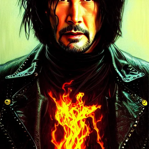 Prompt: handsome Keanu Reeves as Ghost Rider, western, closeup, D&D, fantasy, intricate, elegant, highly detailed, digital painting, artstation, concept art, matte, sharp focus, illustration, art by Artgerm and Greg Rutkowski and Alphonse Mucha