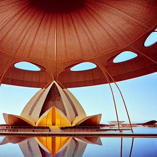 Image similar to interior of a futuristic lotus temple with gold, red and white marble panels, in the desert, by buckminster fuller and syd mead, intricate contemporary architecture with art nouveau motifs, photo journalism, photography, cinematic, national geographic photoshoot