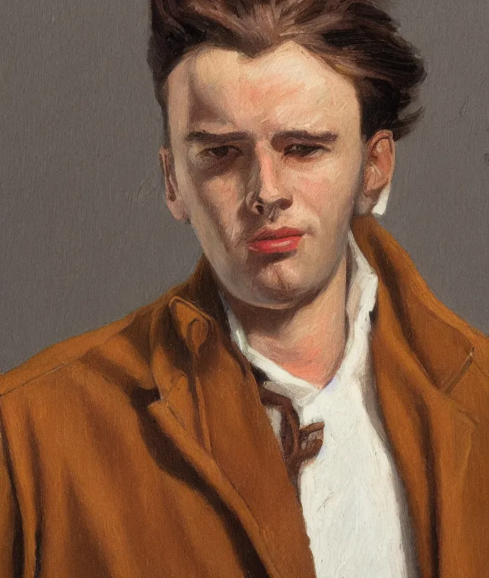 Image similar to a very detailed portrait of a man wearing an 8 0 s jacket with big shoulder pads, very aesthetic leather jacket, detailed closeup of leather jacket, front view, in the style of edward hopper and oswald hornby joseph birley and susan ryder, very small brushstrokes, 4 k,