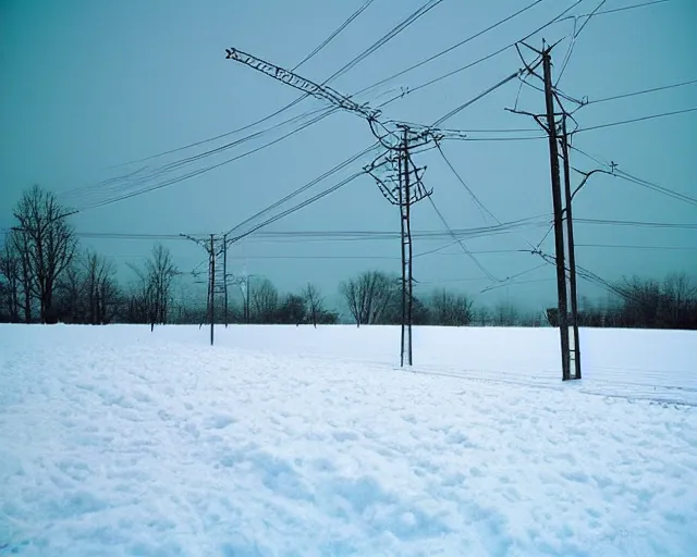 Prompt: a field covered in snow with power lines above it, a photo by kazys varnelis, featured on flickr, ecological art, photo taken with provia, matte photo, photo, at dawn