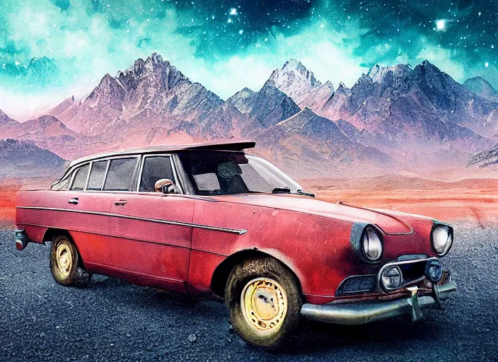 Image similar to a very high resolution image from a new movie, starlord. inside of a car. mountains, falling stars, directed by wes anderson