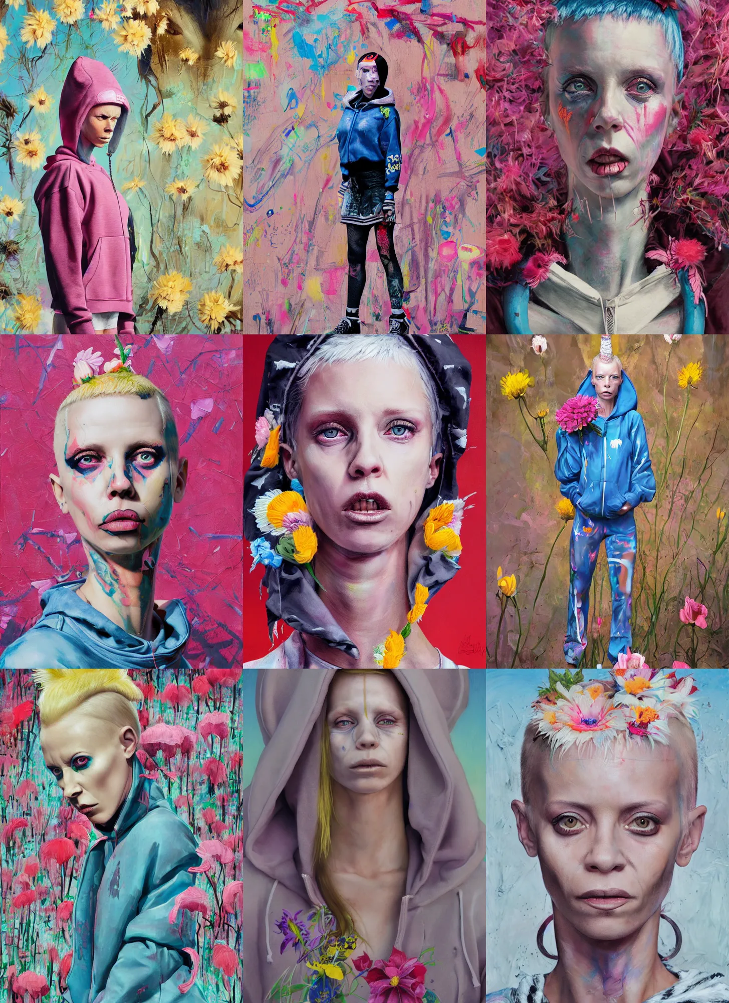 Prompt: still from music video of yolandi visser from die antwoord standing in a township street, wearing a hoodie and flowers, street clothes, full figure portrait painting by martine johanna, ilya kuvshinov, rossdraws, pastel color palette, detailed impasto brushwork, impressionistic