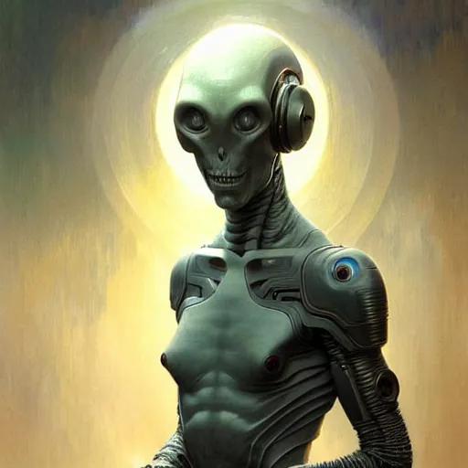 Image similar to grey alien, friendly peaceful, heroic lighting, sci-fi, intricate, elegant, highly detailed, lifelike, photorealistic, digital painting, artstation, illustration, concept art, smooth, sharp focus, art by John Collier and Albert Aublet and Krenz Cushart and Artem Demura and Alphonse Mucha