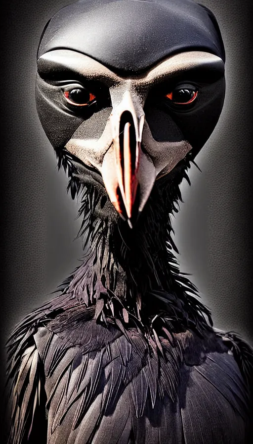 Image similar to epic professional digital portrait art of a human - crow hybrid creature, crow head, crow beak, feathered humanoid torso by bill hillier