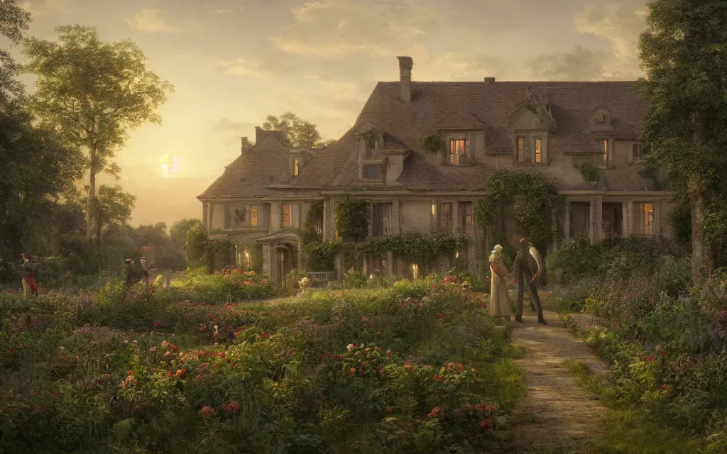 Prompt: a country house, an elderly couple who cultivate the vegetable garden, an avenue of roses, sunset, highly detailed, cinematic lighting, perfect composition, 4 k, gustave dore, derek zabrocki, greg rutkowski, belsinski, octane render