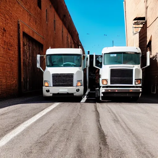 Image similar to two trucks having a tender kiss in a back alley