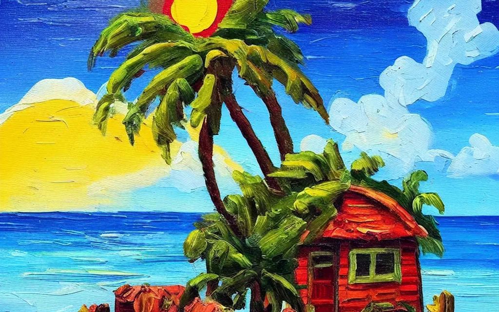 Prompt: a very very small island! with a cute cozy cottage!! on it and a patio!! with chairs and string lights, palm trees, sunset, puffy clouds, dramatic and dynamic lighting, thick brush strokes oil impasto painting