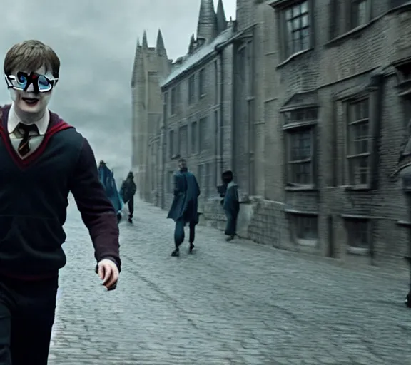 Image similar to Daniel radcliffe as harry potter, epic wide shot, cinematic shading, widescreen, sharp image, warm colors, Blu-Ray, directed by Christopher Nolan and Asher Duran