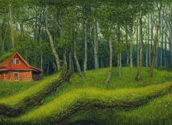 Prompt: impressionistic painting of log cabin on a hill in the woods, the cabin is overgrown with lush vines and moss, painted by johfra bosschart, featured on artstation, plein air, artstation hd, painterly