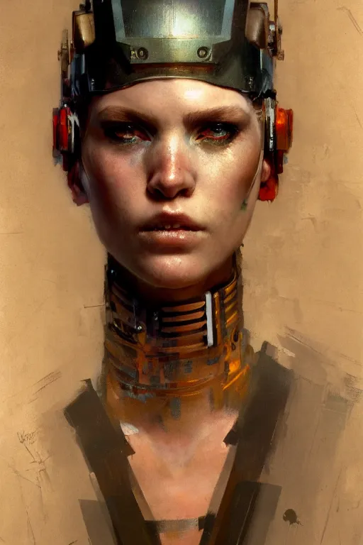 Image similar to full character portrait max mad cyberpunk, half - robot solider girl character design, final fantasy face, painting by gaston bussiere, katsuya terada, nc wyeth, greg rutkowski, craig mullins, vermeer, trending on artstation, jeffery catherine jones