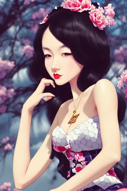 Image similar to a pin up and beautiful fashion dreamlke japan girl with lv jewelry, character art, art by artgerm and wlop and and ilya kuvshinov, hyperdetailed, 8 k realistic, symmetrical, frostbite 3 engine, cryengine, dof, trending on artstation, digital art, chanel, dior, fantasy background