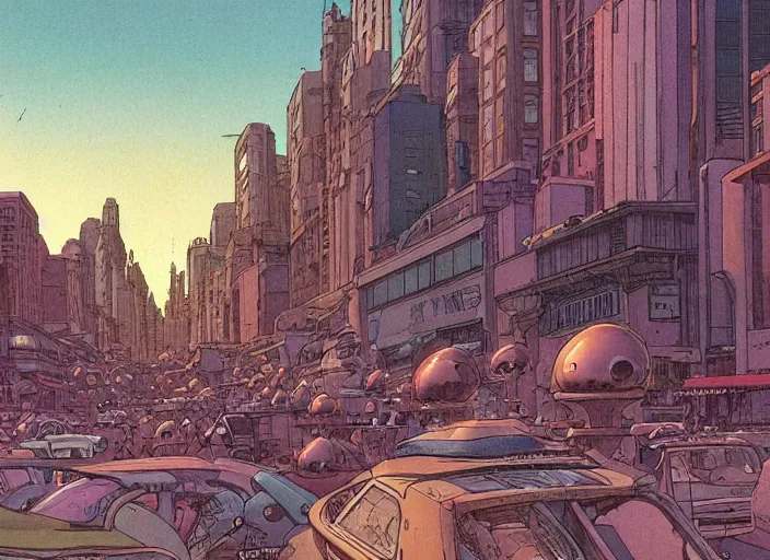 Prompt: close up view of a bustling city street on an alien planet by moebius, earth and pastel colors, dramatic perspective