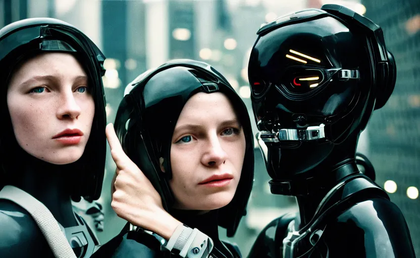 Image similar to cinestill 5 0 d photographic portrait by helen levitt of two loving female cyborgs wearing black techwear in a retrofuturist liminal office, extreme closeup, modern cyberpunk, garden terraces, 8 k, hd, high resolution, 3 5 mm, f / 3 2, ultra realistic faces, intricate detail, ex machina