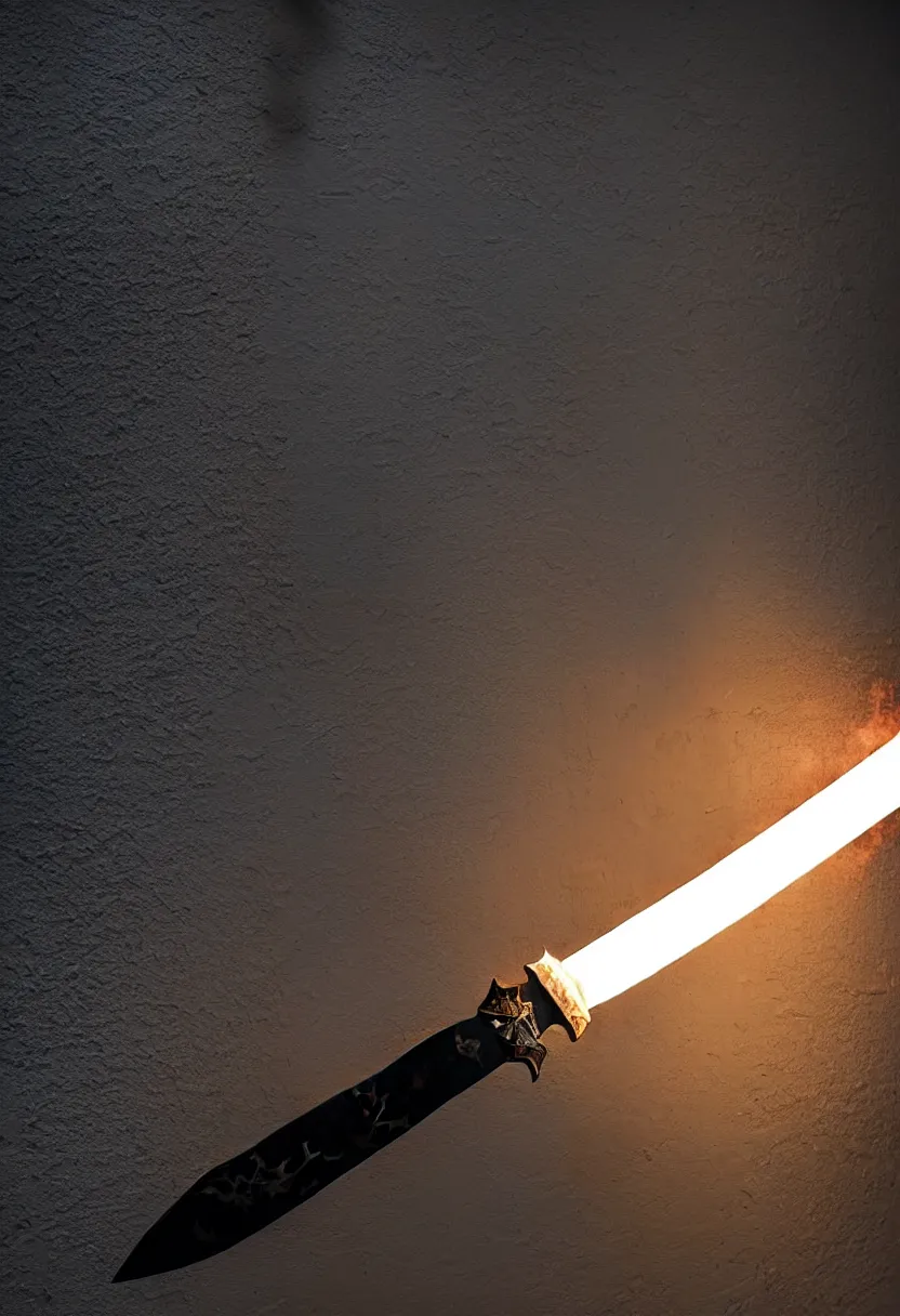 Prompt: photo of a magical fantasy longsword displayed on a wall glowing with hot fire power and giving off a subtle black smoke.