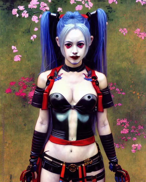 Image similar to portrait of beautiful cute maiden anime harley quinn girl in warhammer mechanical armor, high details, art by ( ( ( kuvshinov ilya ) ) ) and wayne barlowe and gustav klimt and artgerm and wlop and william - adolphe bouguereau